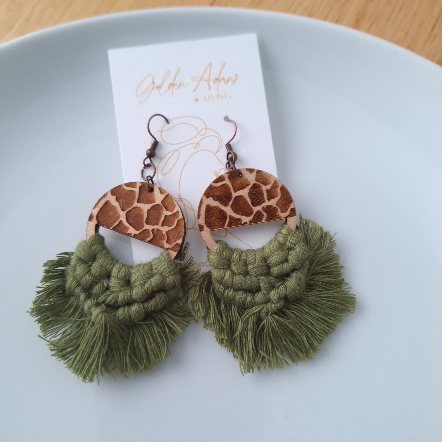 Wood Print & Olive Green Macrame Earrings- Vacation Inspired