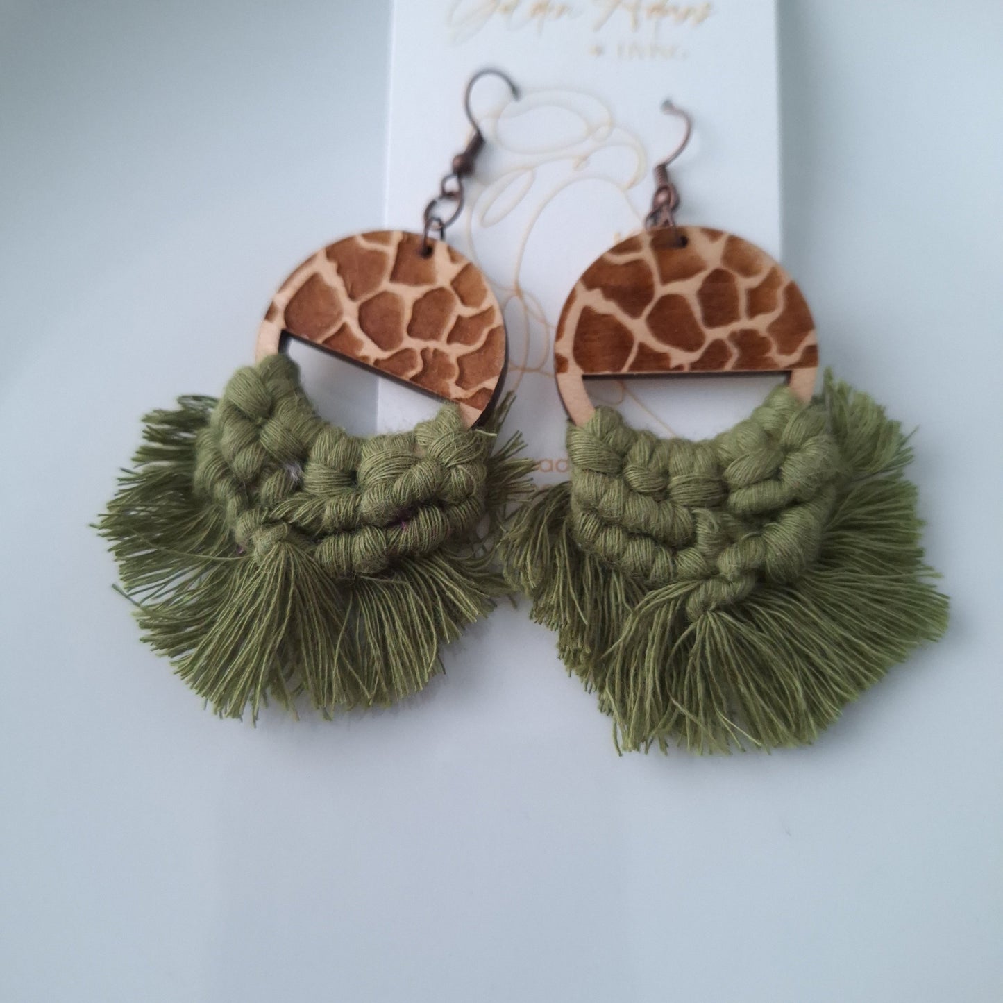 Wood Print & Olive Green Macrame Earrings- Vacation Inspired