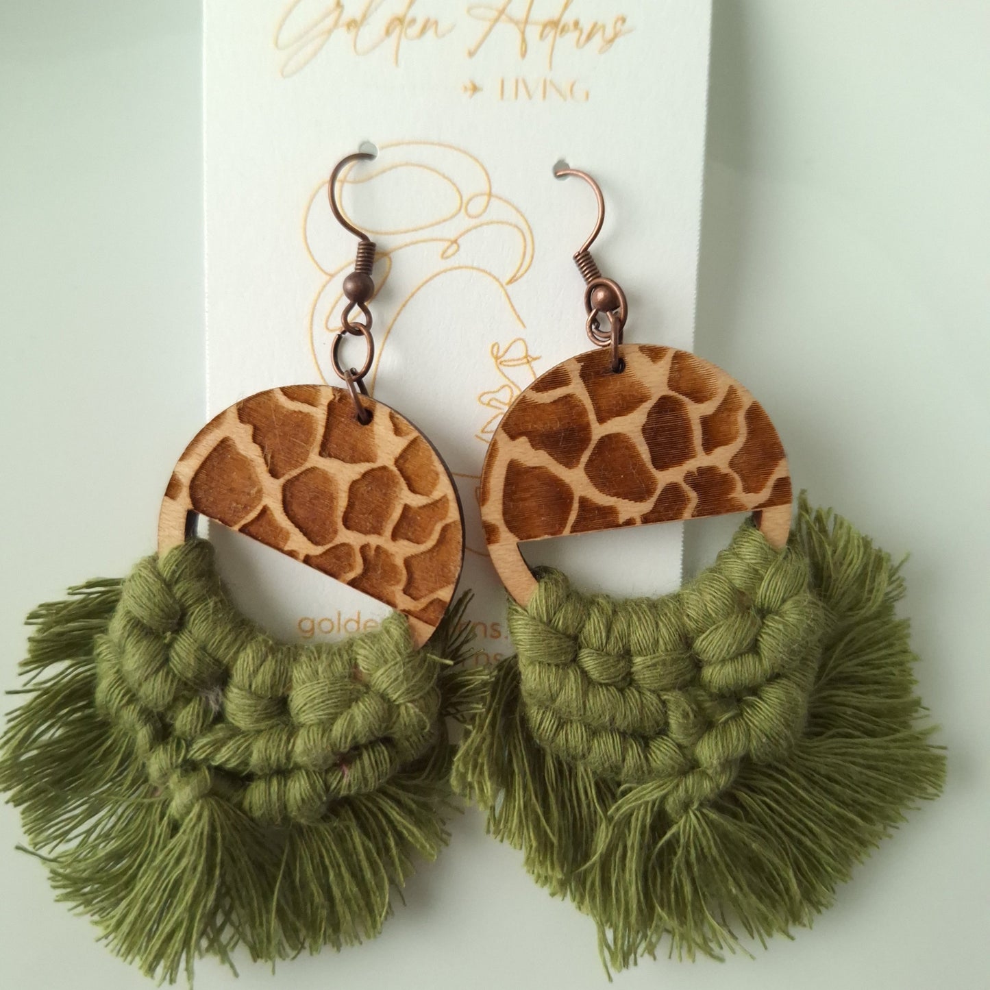 Wood Print & Olive Green Macrame Earrings- Vacation Inspired