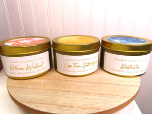 GOLD TRAVEL CANDLE TINS- 6 OZ.